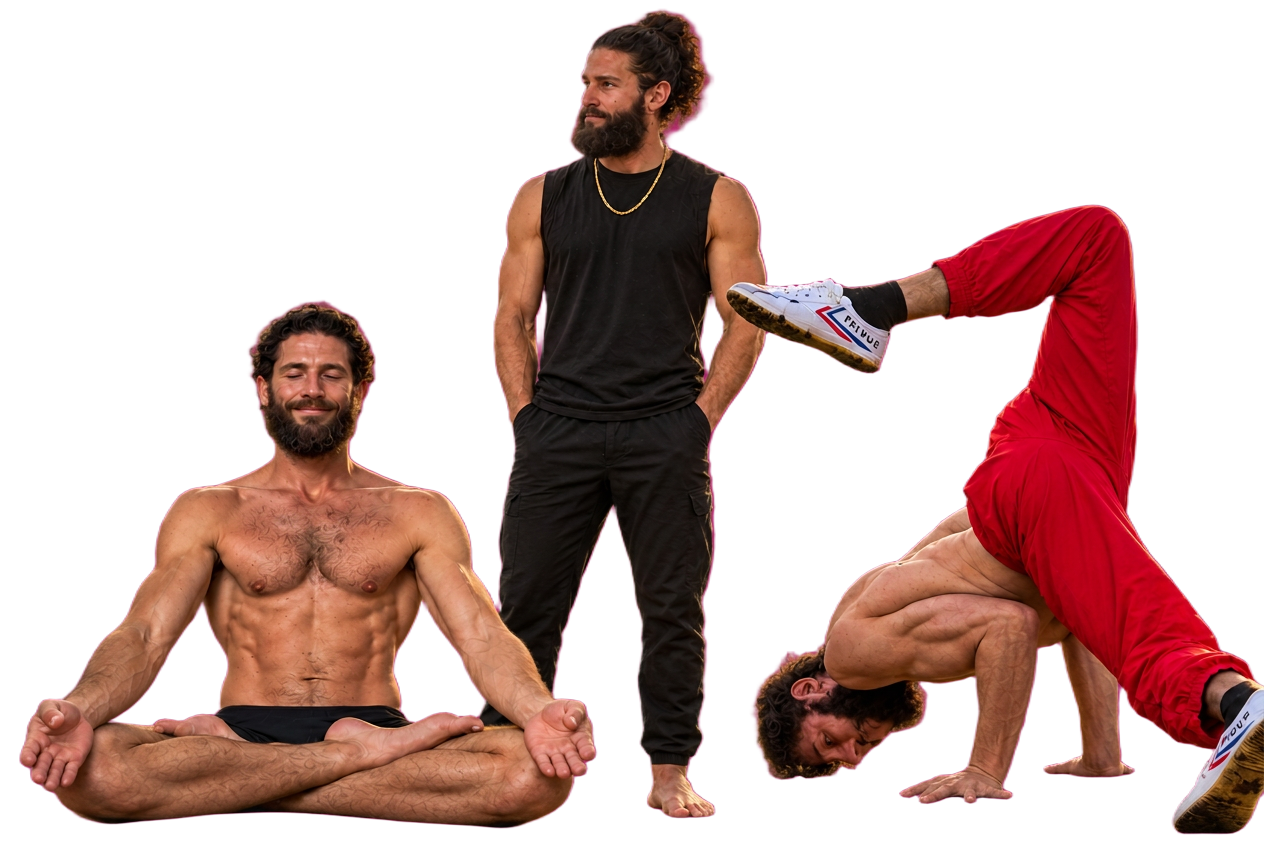 Djuro Vukotic i tre positioner: siddende i meditation, stående og akrobatisk på hænderne